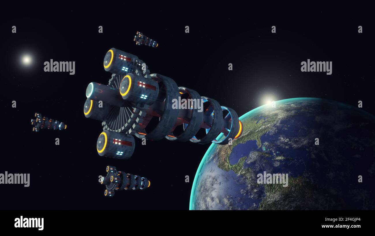renderizar en 3d. Diseño de concepto de nave espacial Foto de stock