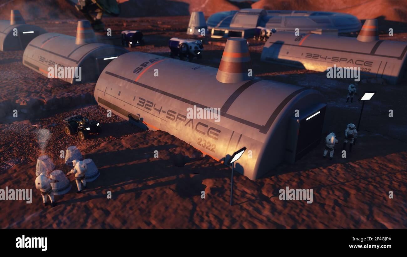 3d render. Colonia de seres humanos en un planeta Foto de stock
