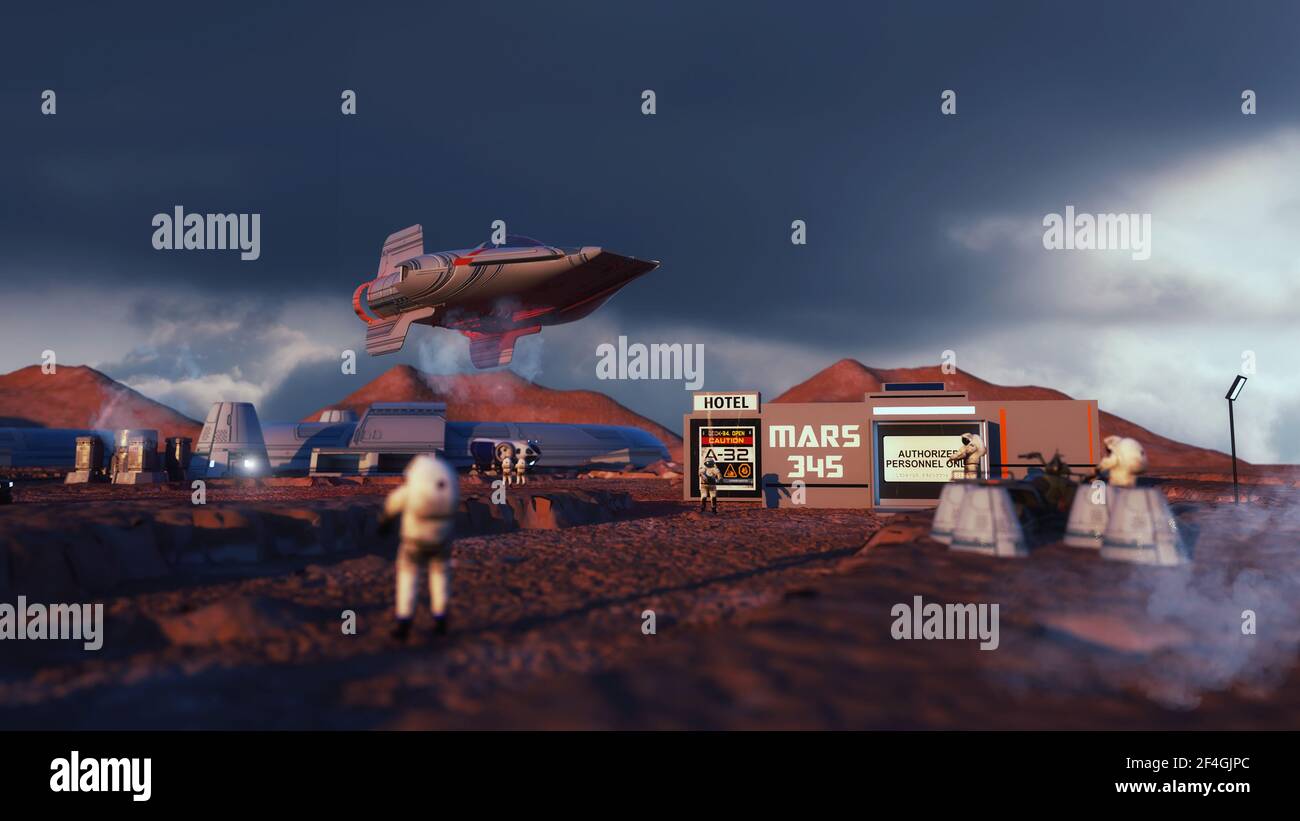 3d render. Colonia de seres humanos en un planeta Foto de stock