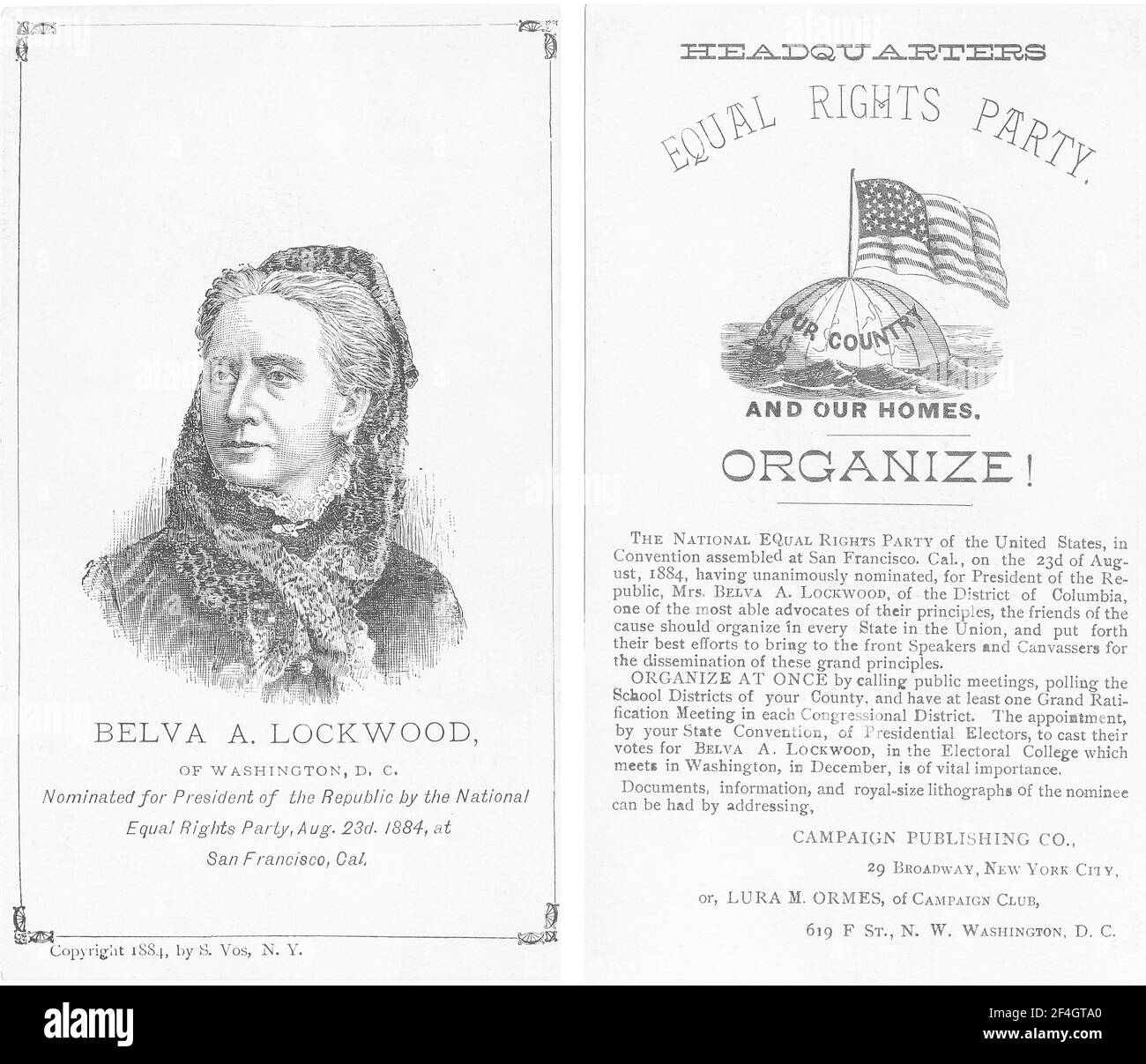 Carta de campaña de Belva Lockwood, con una ilustración de un retrato de Lockwood en un lado y un texto que insta a los partidarios a "organizar!" Por otro lado, publicado por la Campaign Publishing Company, Nueva York, para el mercado estadounidense, 1884. Fotografía de Emilia van beugen. () Foto de stock