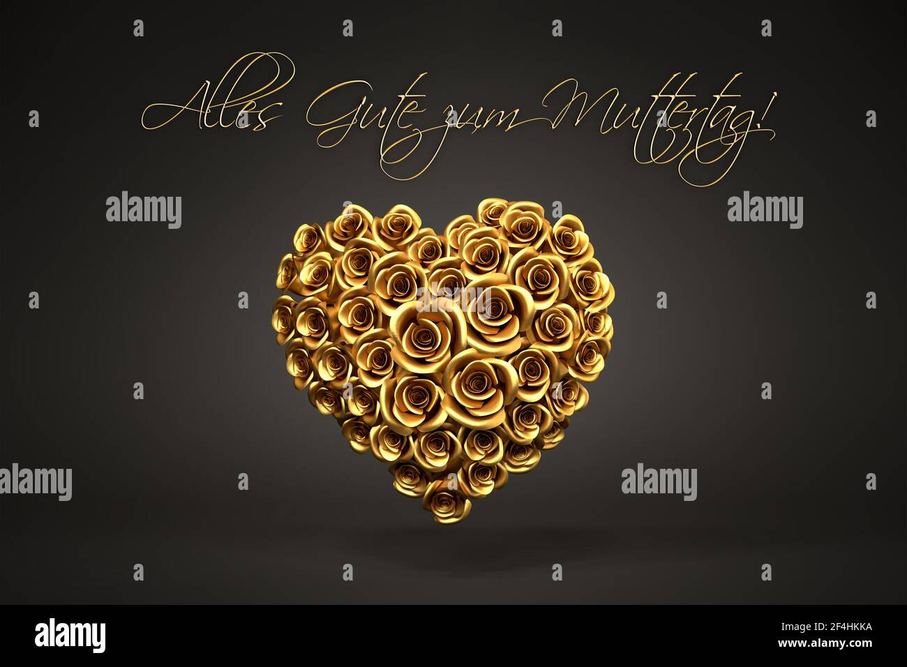 3D Rendering: Un corazón de rosas doradas frente a un fondo negro y el mensaje alemán 'Alles Gute zum Muttertag' ('Feliz día de la Madre') en la parte superior. Foto de stock