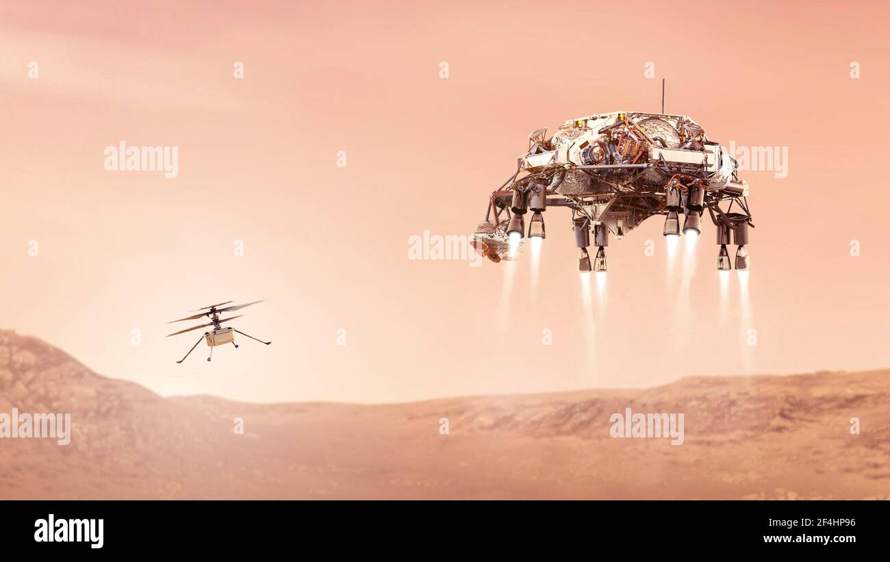 Helicóptero ingenioso y mars rover.elementos de esta imagen proporcionados por la ilustración 3D de la NASA. Foto de stock
