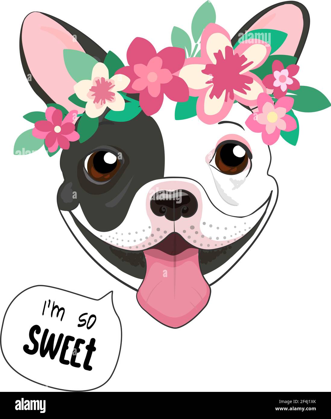 Bulldog francés con una corona de flores rosadas. Cartel de moda de primavera. Patrón con un lindo cachorro con la cita soy dulce. Ilustración vectorial aislada sobre fondo blanco. Carta de humor Ilustración del Vector