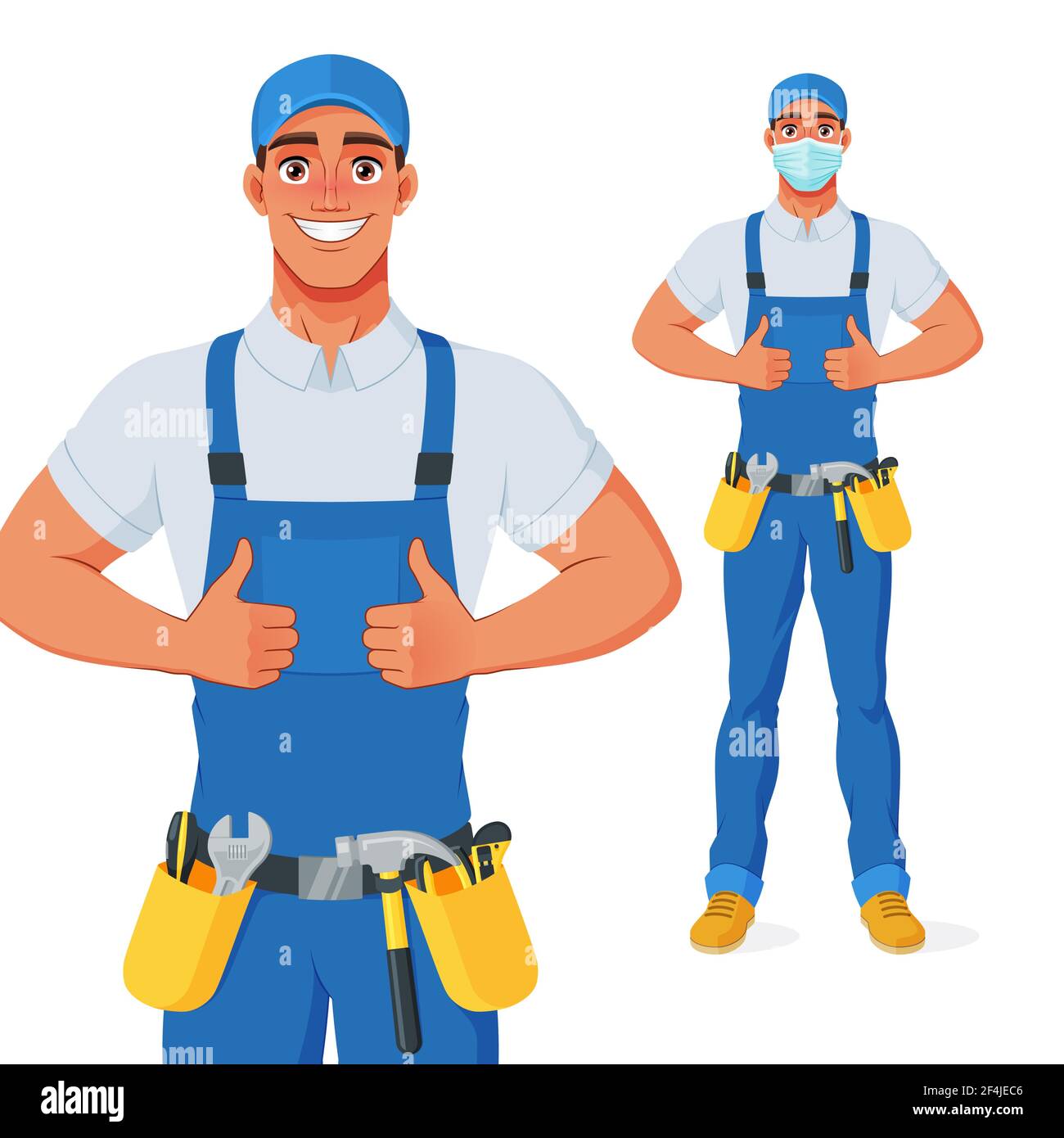 Handyman en general y cinturón de herramientas mostrando pulgares para  arriba. Personaje de dibujos animados vectoriales Imagen Vector de stock -  Alamy