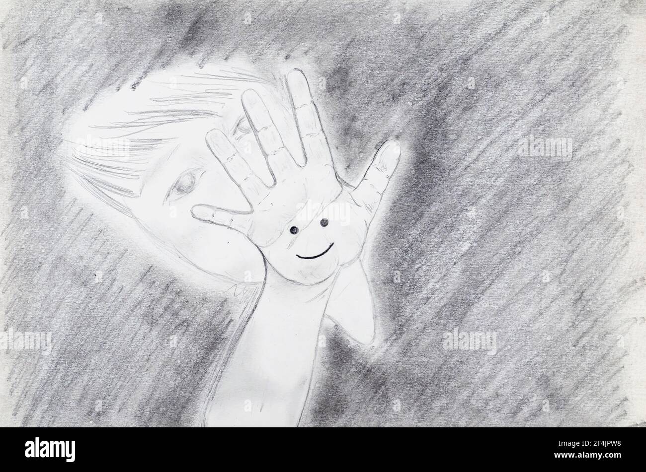Dibujo a lápiz de un niño con mano estirada sobre papel blanco. Niño  pequeño con una sonrisa pintada en una palma abierta. Te doy un concepto  positivo. Mano Fotografía de stock -