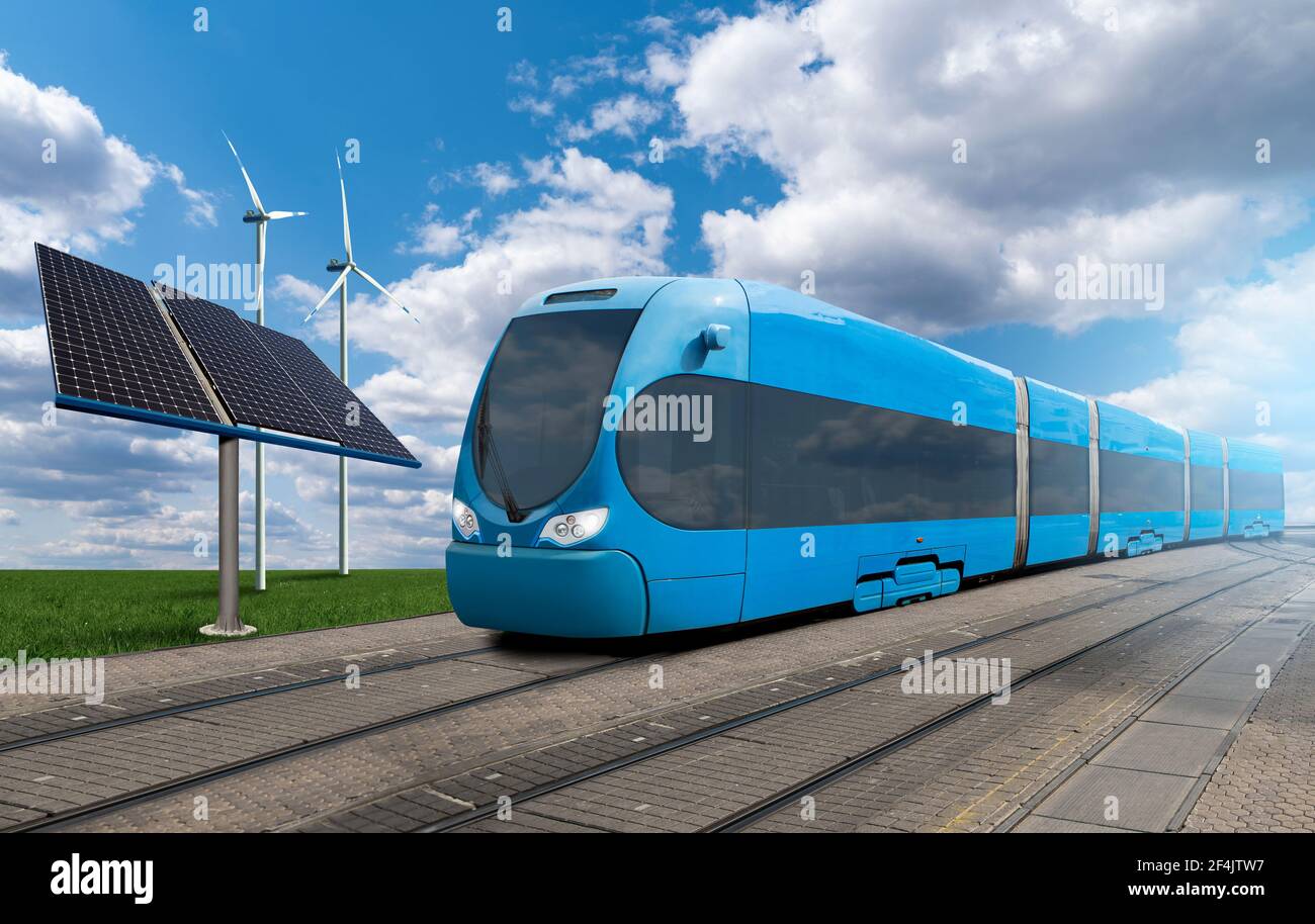 Tren azul futurista con turbinas eólicas y paneles solares. Obtener hidrógeno verde de fuentes de energía renovables Foto de stock