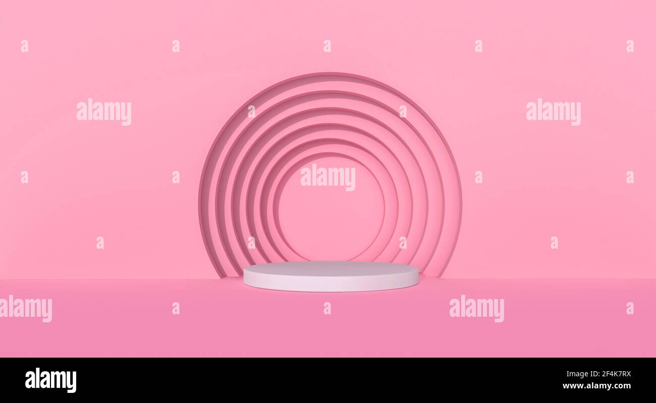 Podio blanco con círculos rosados fondo de estudio. 3d renderizado. Foto de stock
