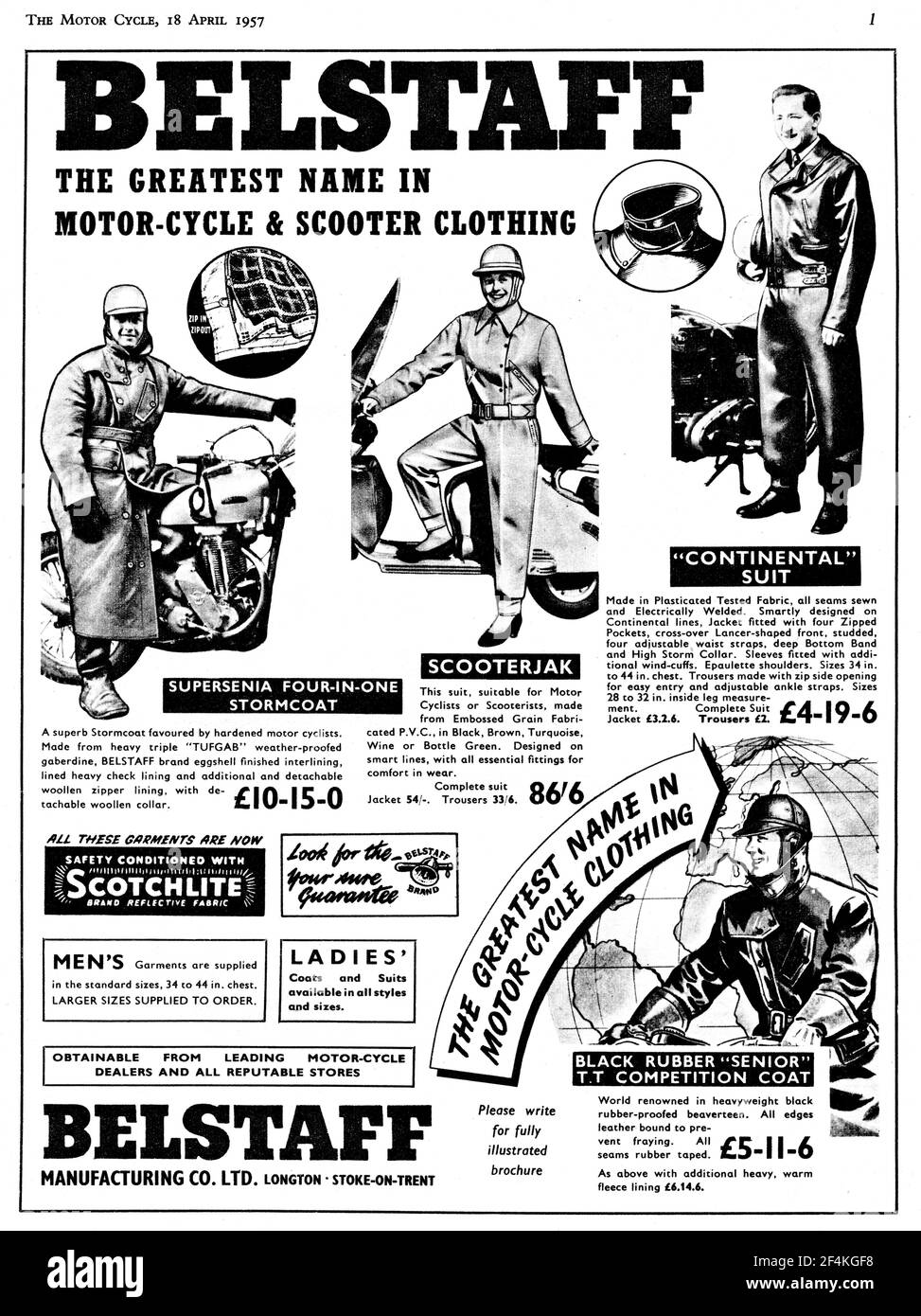 Un anuncio clásico de Belstaff de la revista Motor Cycle, abril de 1957  Fotografía de stock - Alamy