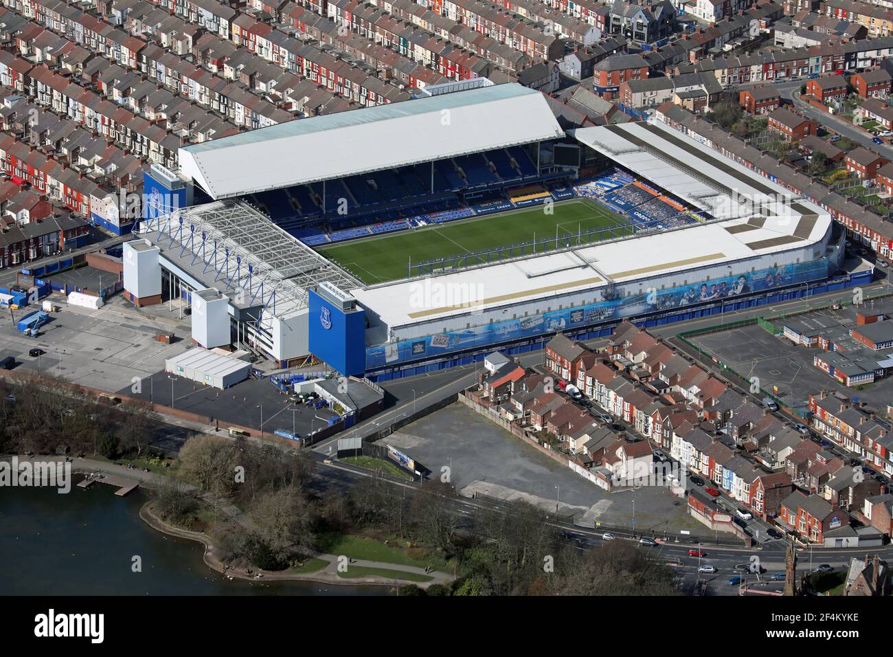 Vista aérea del estadio de fútbol Goodison Park del Everton FC Liverpool Foto de stock