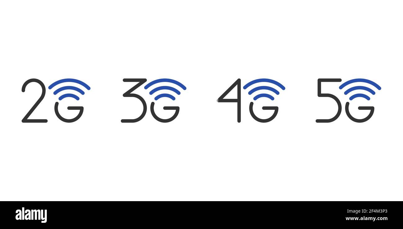 Juego de 2G 3G 4G 5G símbolos empresariales de conexión de red. iconos de tecnología inalámbrica de internet de 5th generaciones y inferiores. Emblema de comunicación vectorial plantilla de diseño azul ilustración aislada Ilustración del Vector