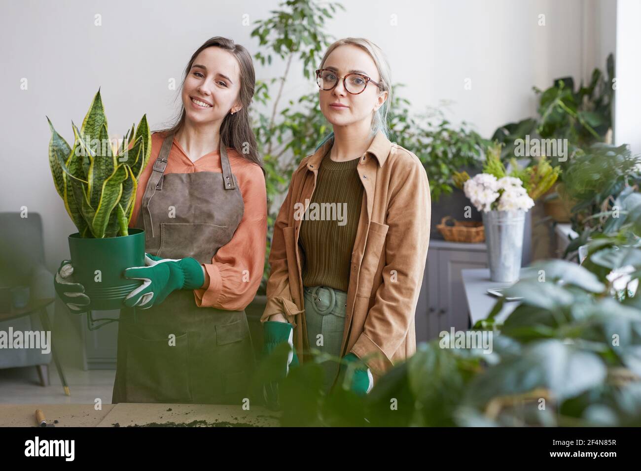 Cintura arriba retrato de dos floristas jóvenes mujeres sonriendo en la  cámara mientras macetas plantas en la florería o jardinería juntos, copiar  espacio Fotografía de stock - Alamy