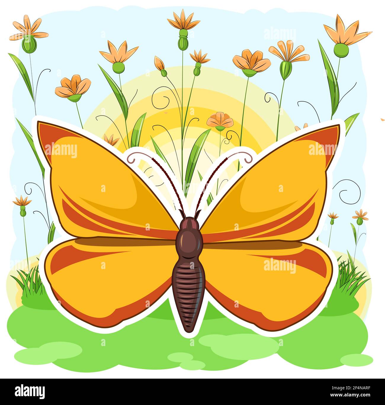 Mariposa amarilla en el fondo de un prado de verano en flor. Hierba, flores. Paisaje en estilo de dibujos animados con el cielo y el amanecer. Brillante y hermoso Ilustración del Vector