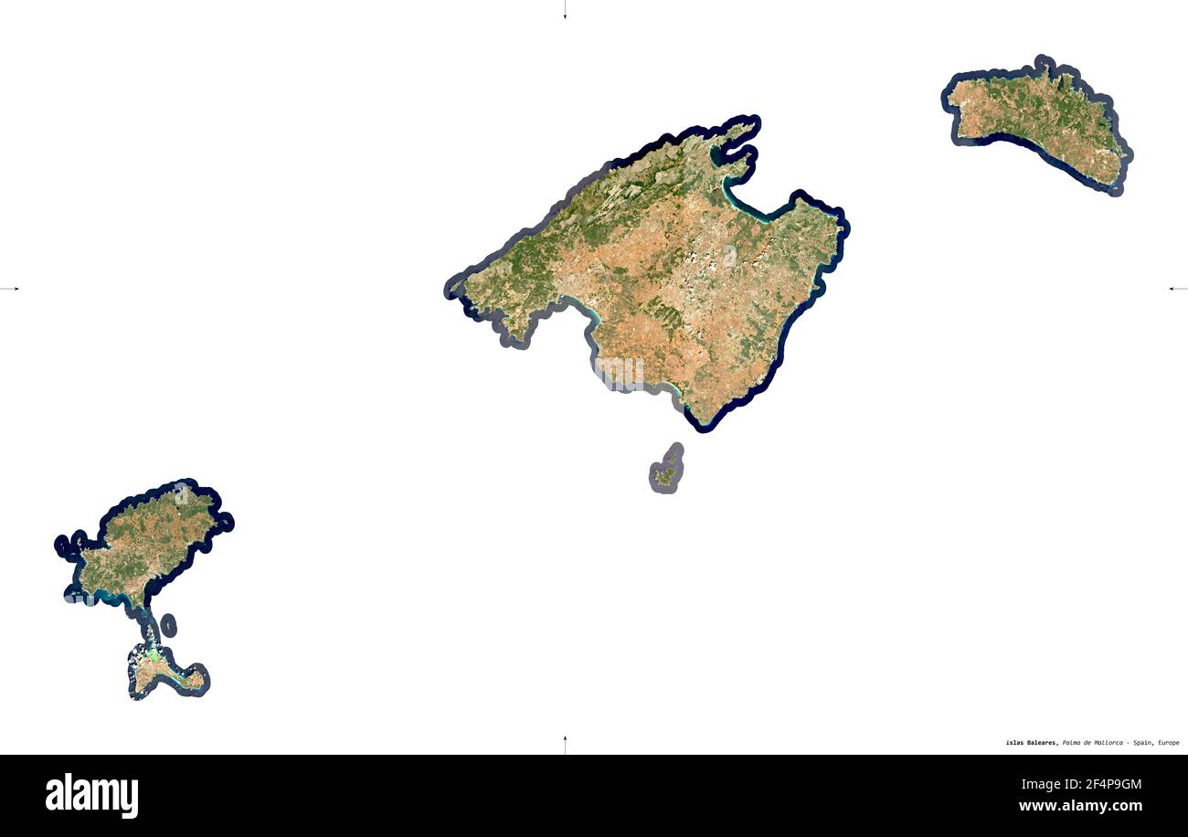 Islas Baleares, comunidad autónoma de España. Imágenes de satélite  Sentinel-2. Forma aislada sobre blanco. Descripción, ubicación de la  capital. Contiene m Fotografía de stock - Alamy