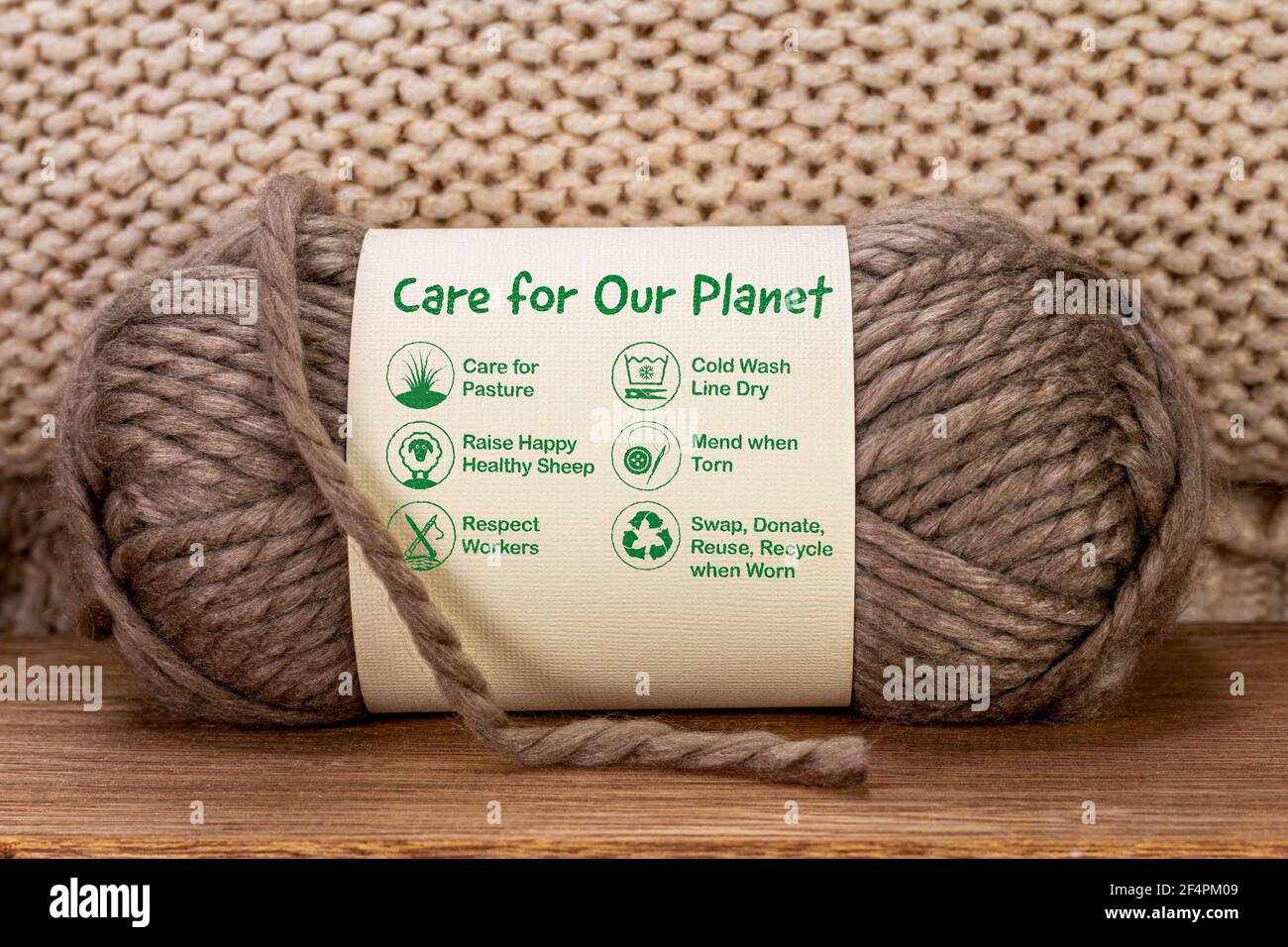 Cuidado de nuestro planeta etiqueta sobre la pelota de lana con iconos de cuidado y texto, la moda sostenible y el consumismo ético Foto de stock