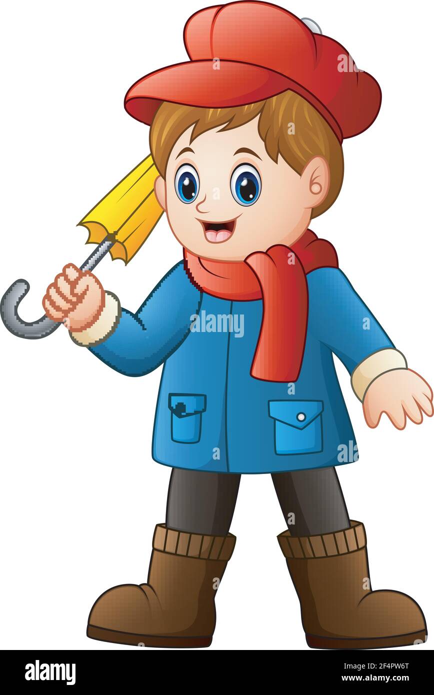 Niño de dibujos animados en abrigo azul con paraguas Imagen Vector de stock  - Alamy