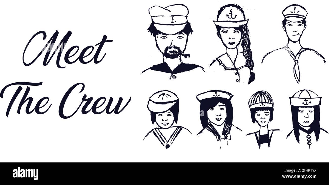 Sailor Crew Retrato dibujado a mano Blue Grunge editable Ilustración del Vector