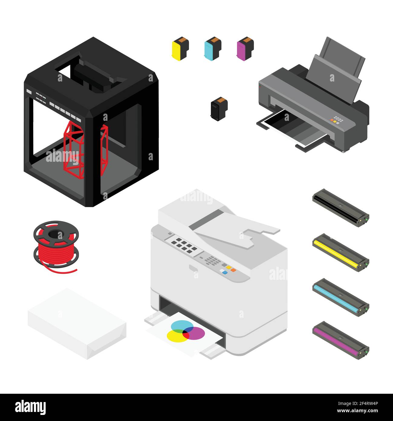 Concepto de imprenta. 3D impresora, impresión láser y suministros de alta  calidad de impresión vista isométrica. Aislado sobre fondo blanco. Vector  Imagen Vector de stock - Alamy