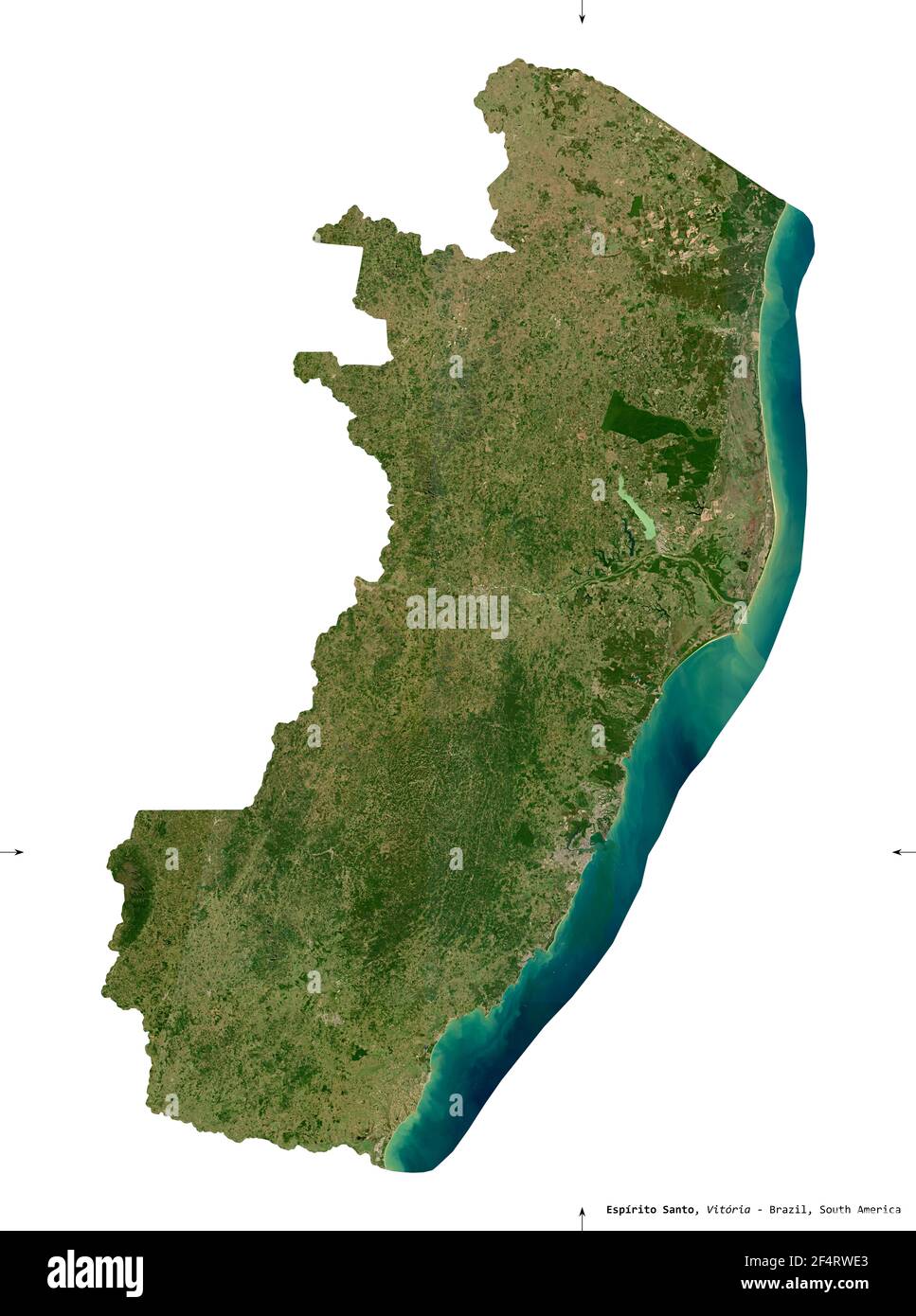 Espirito Santo, estado de Brasil. Imágenes de satélite Sentinel-2. Forma aislada sobre sólido blanco. Descripción, ubicación de la capital. Contiene modificado Foto de stock