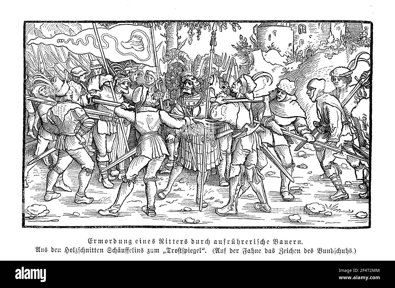 Asesinato de un caballero a mano de campesinos rebeldes de la liga de zapateros, grabado por Hans Leonhard Schaeufelein, siglo 16th Foto de stock