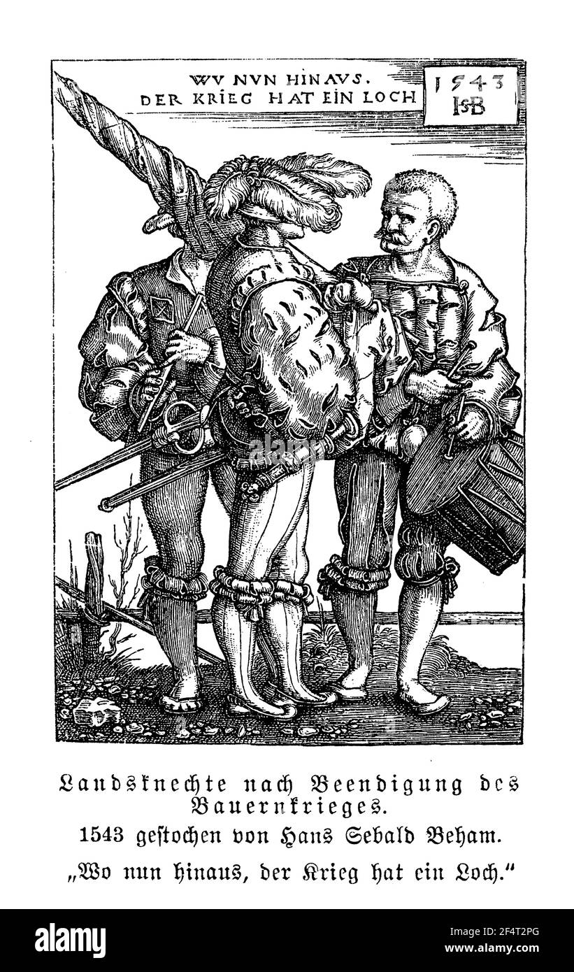 Grupo de soldados de pie mercenarios Lansquenet al final de la guerra campesina, grabado por Hans Sebald Beham, 16th siglo Foto de stock