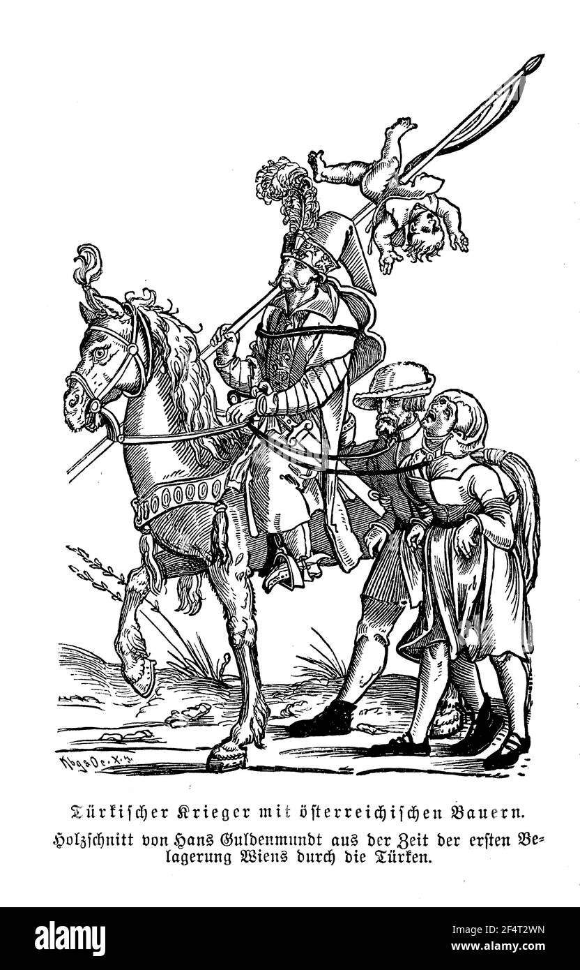 Soldado turco a caballo con un niño empalado y capturado a los campesinos austriacos, en el momento de las guerras otomanas, corte de madera, para un folleto de Hans Guldenmundt, alrededor de 1529 en el momento del primer asedio de Viena Foto de stock
