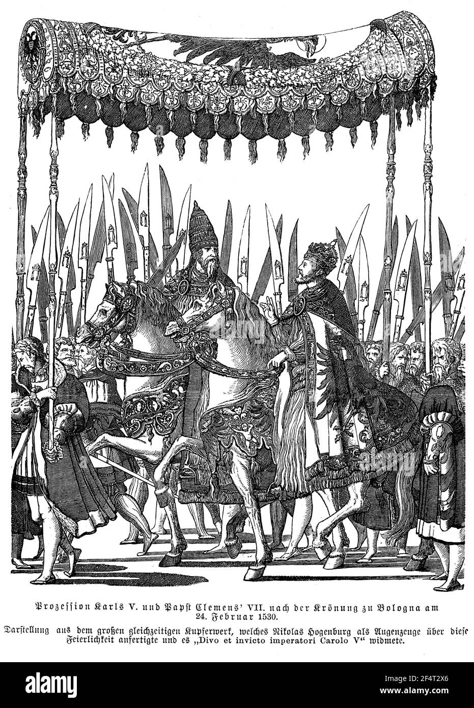 El Santo Emperador Romano Carlos V en procesión con el Papa Clemente VII después de la coronación en Bolonia el 24th de febrero de 1530 Foto de stock