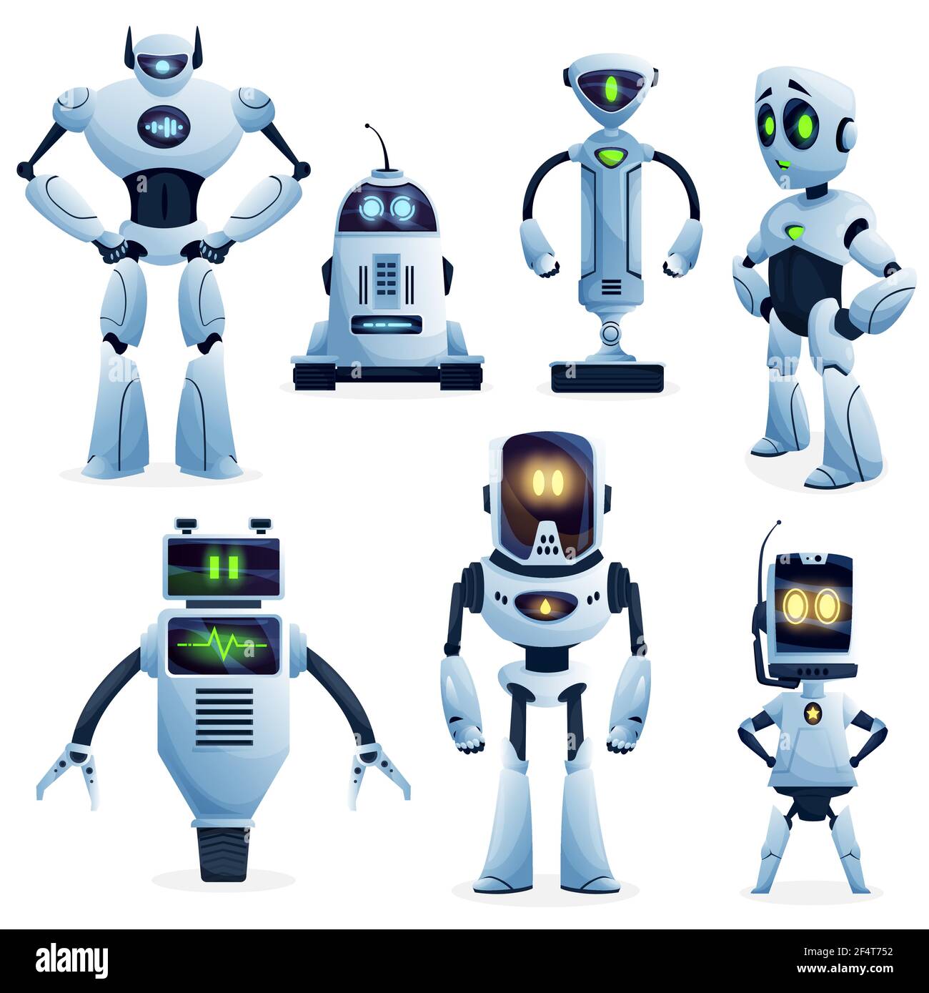 jurar virar limpiar Robot y la inteligencia artificial bot personajes de dibujos animados.  Vector ai robots, androides, cyborgs y droides con cuerpos humanoides,  caras de ordenador y lindo Imagen Vector de stock - Alamy