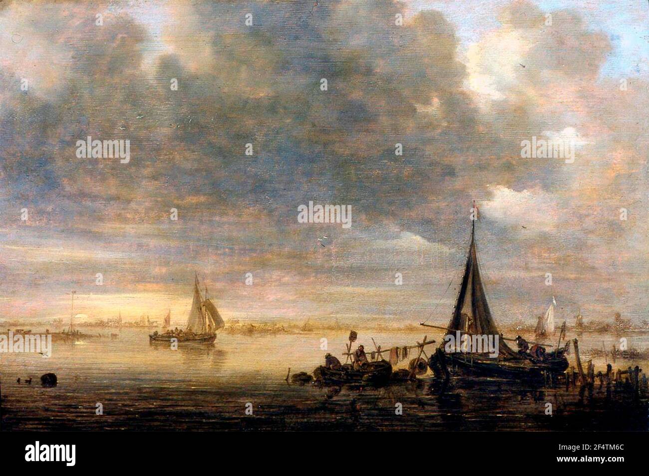 Un paisaje de río por la tarde con un ferry - Jan van Goyen, 1643 Foto de stock