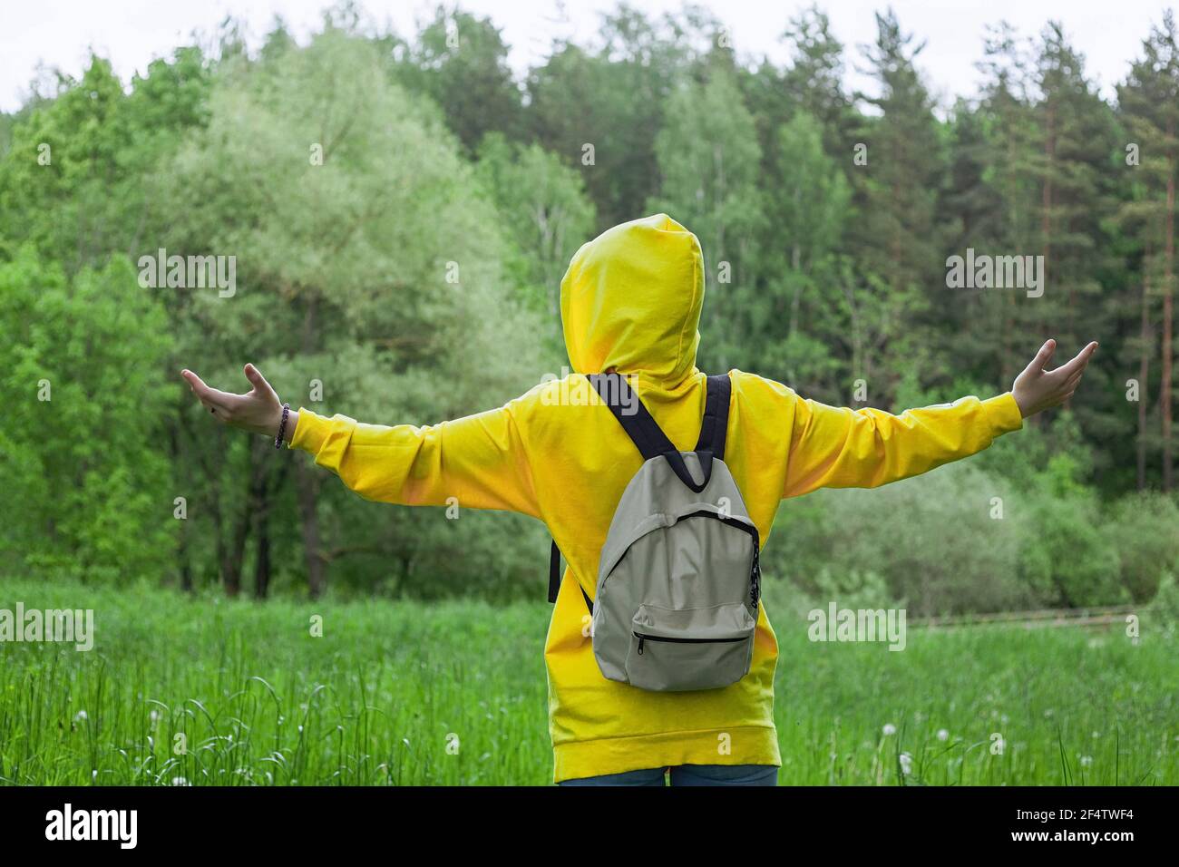 Una mujer joven en una sudadera con capucha amarilla con sus manos  levantadas está en el bosque. Abierto para un viaje Fotografía de stock -  Alamy