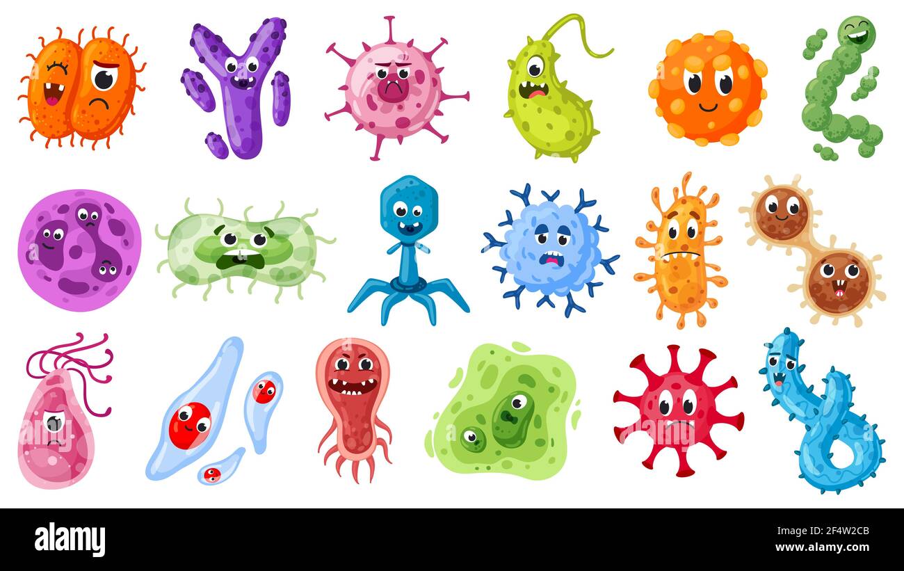Dibujos animados bacterias personajes. Virus, gérmenes y microbios  pandémicos emoticones microorganismo. Enfermedad virus mascots vector  ilustración conjunto Imagen Vector de stock - Alamy