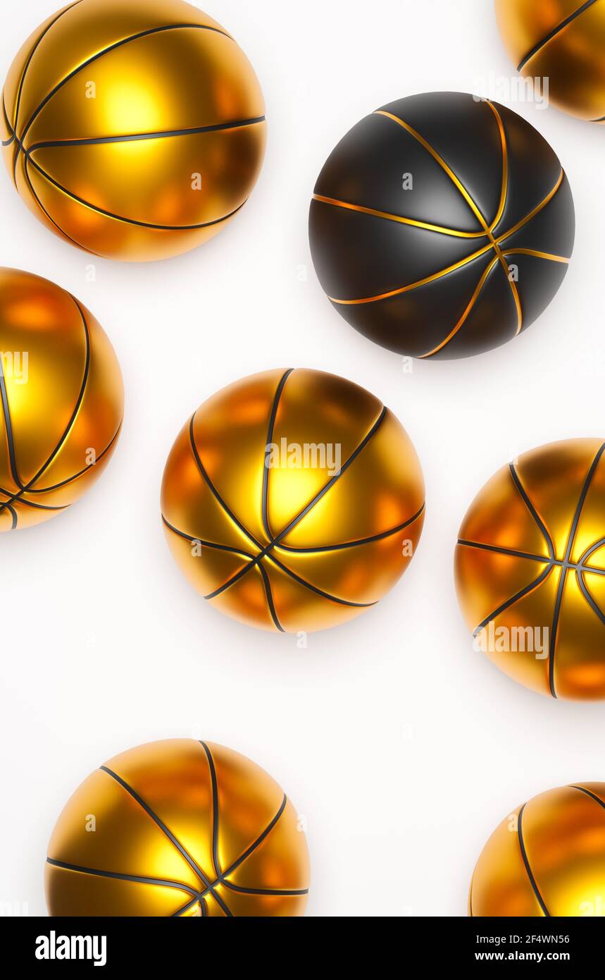 Muchas pelotas de baloncesto doradas con un baloncesto negro sobre un fondo  brillante, 3D render Fotografía de stock - Alamy
