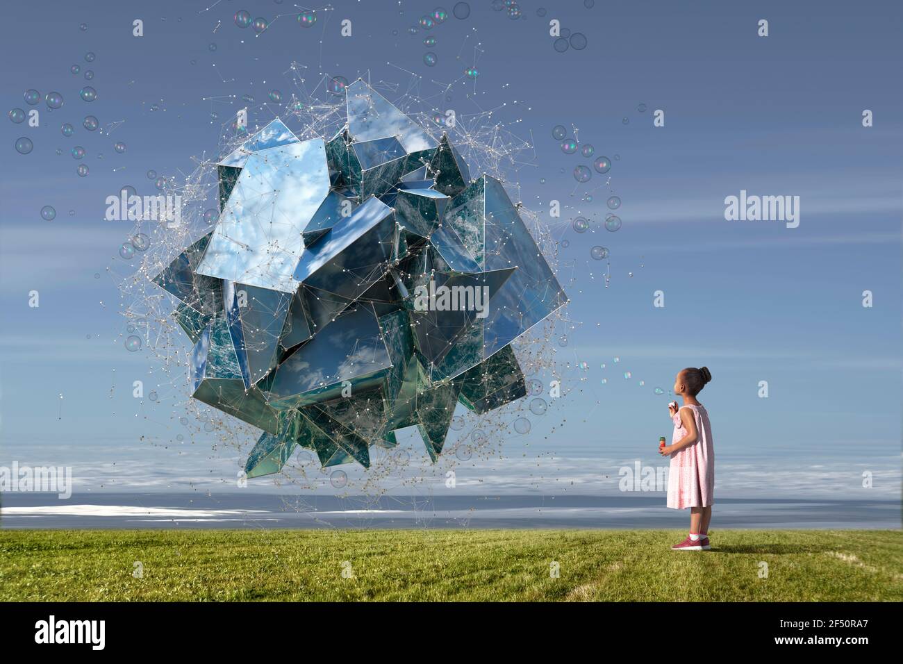 Chica soplando burbujas formando estructura dimensional reflejando el mar Foto de stock