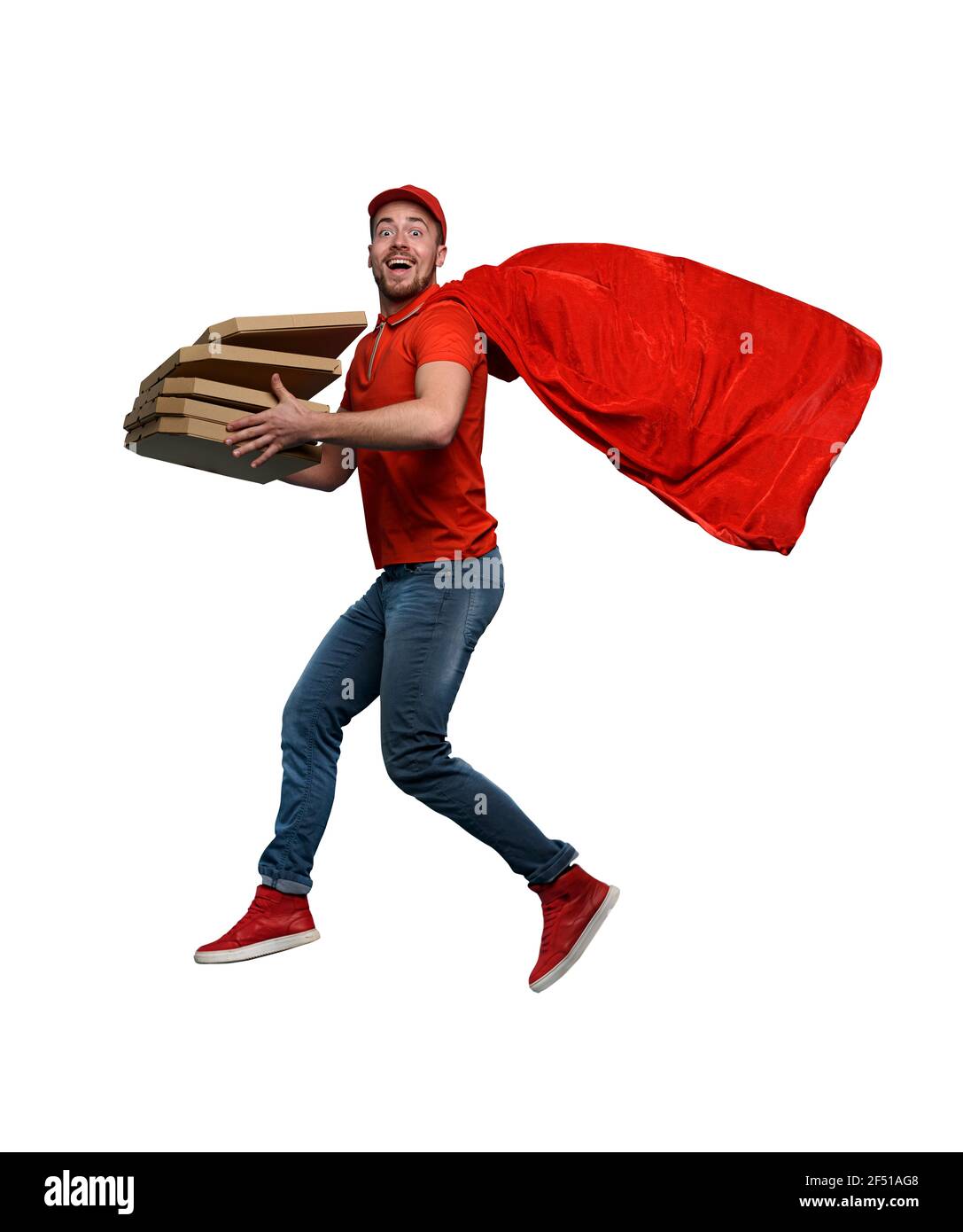 Libertyman con pizzas actúa como un poderoso superhéroe. Concepto de éxito y garantía en el envío. Foto de stock