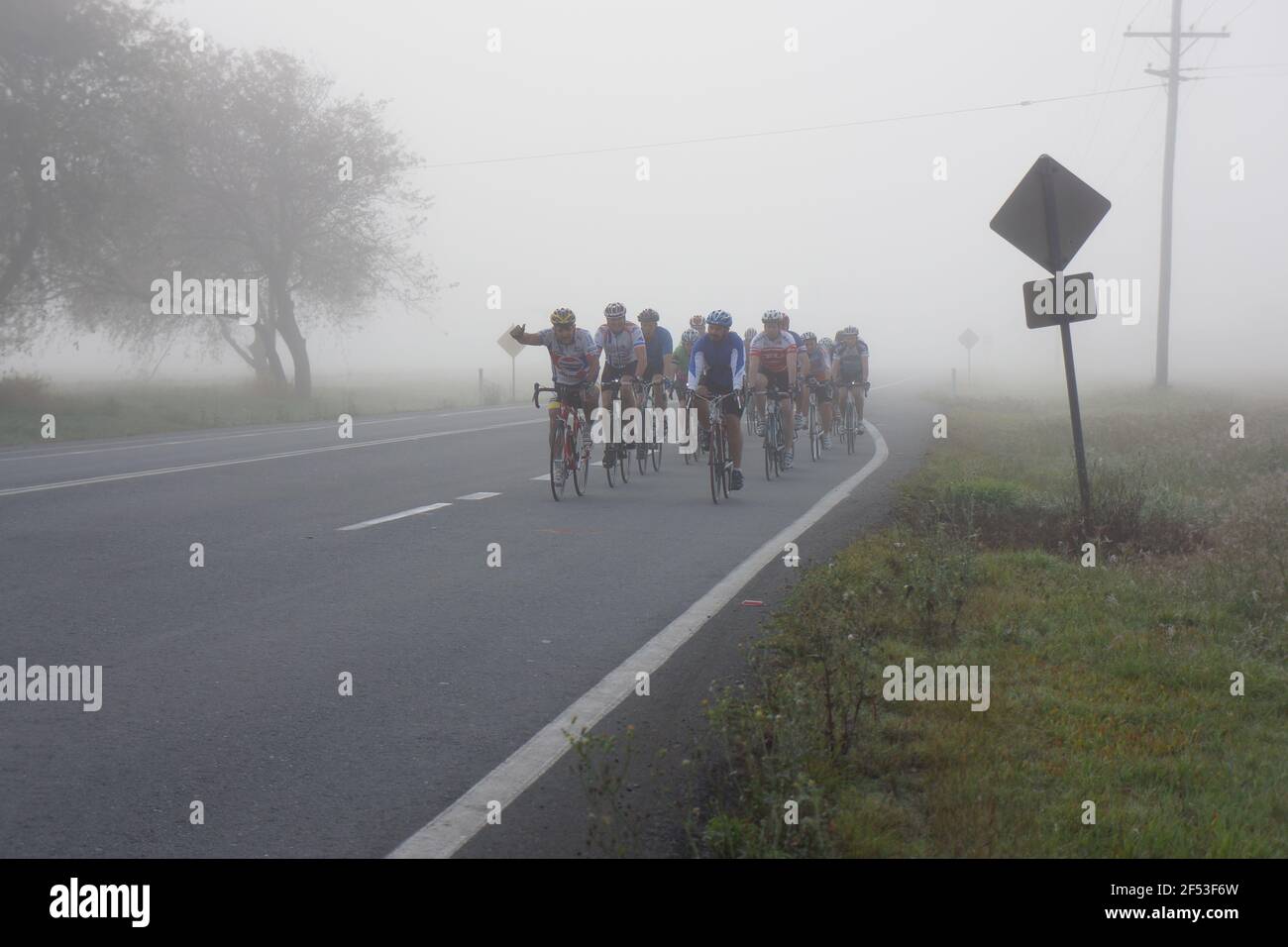 Un grupo de ciclistas y ciclistas que se dirigen a una práctica corren con poca visibilidad en una mañana fría y foggy en invierno. Foto de stock