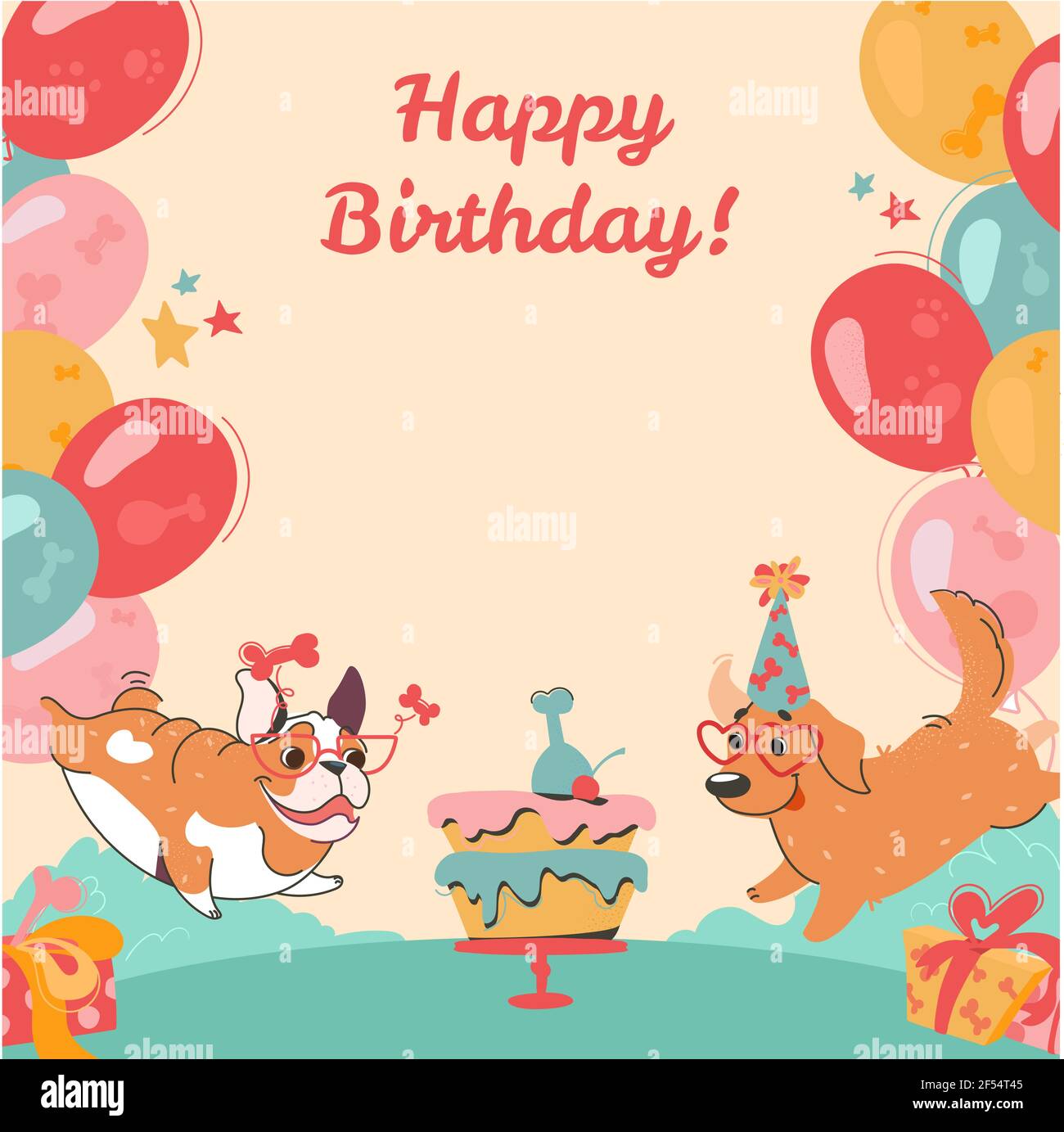 Cumpleaños de perros divertidos. Feliz postal de cumpleaños con cachorros.  Bulldog y Labrador, pastel, regalos, globos multicolor sobre fondo aislado.  Vector invitación con felicitaciones, en estilo de dibujos animados Imagen  Vector de