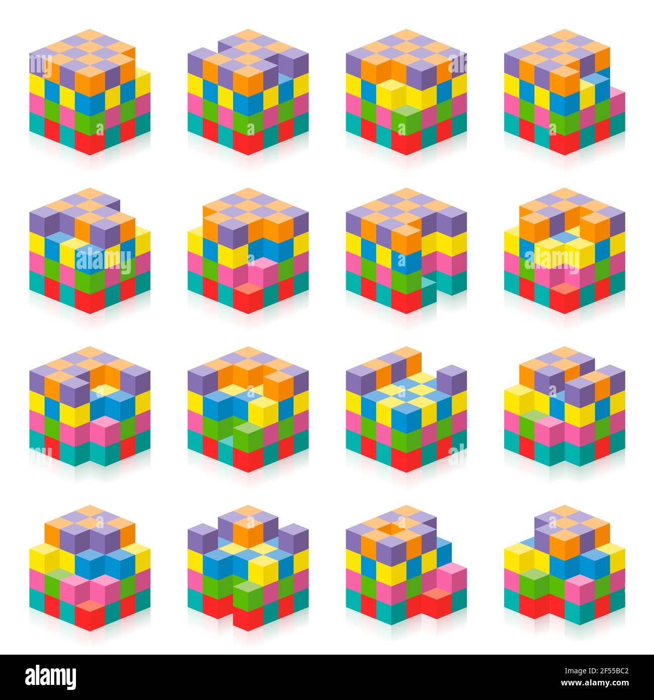 Cubo con cubos faltantes de 1 a 16. Ejercicio de percepción espacial tridimensional. Juego colorido para contar huecos, agujeros, espacios en blanco. Foto de stock