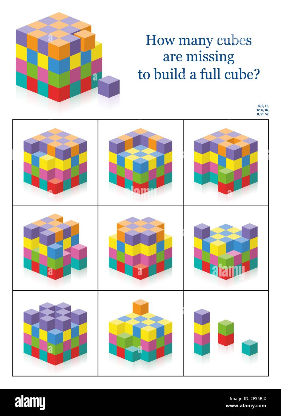 Faltan cubos. ¿Cuántos huecos, agujeros, espacios en blanco hay para obtener un cubo lleno? 3d ejercicio de percepción espacial. Juego de conteo colorido con solución. Foto de stock