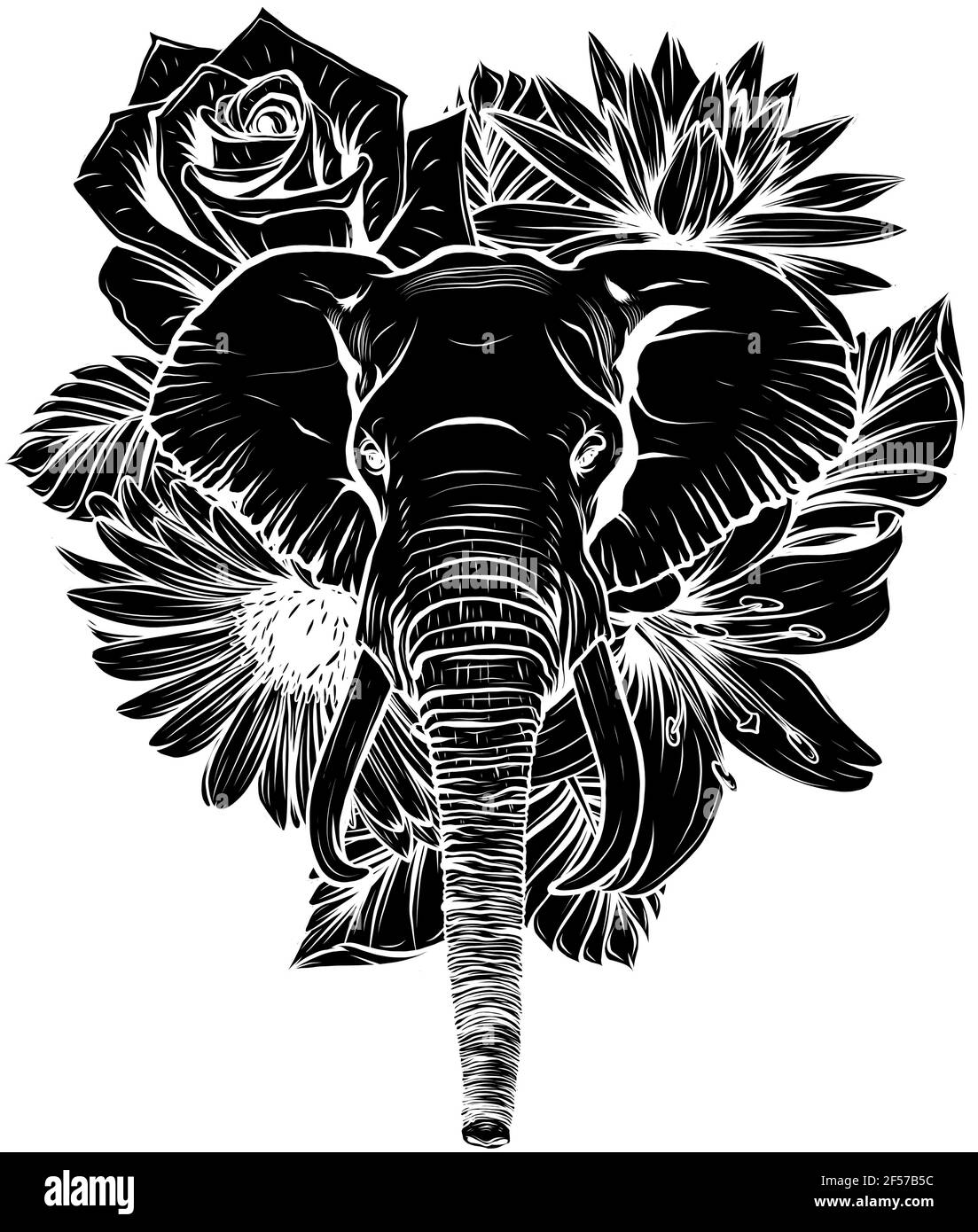 Silueta negra de Vector ilustración de elefante cabeza con flor. Ilustración del Vector