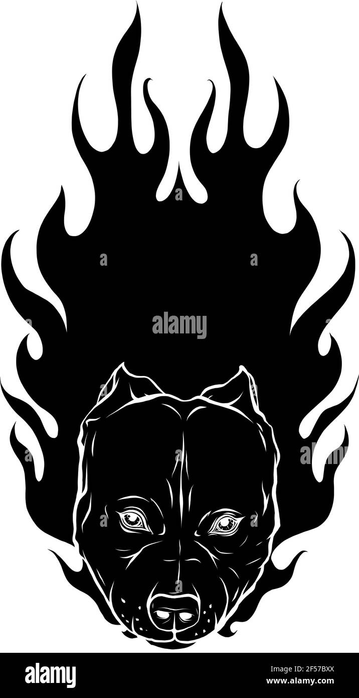 Silueta negra de la cabeza de Bull Dog con vector de llama Ilustración del Vector