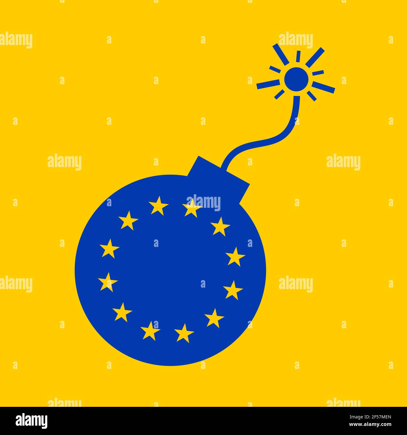 Unión Europea y la UE como bomba de tiempo y dispositivo explosivo durante la cuenta atrás - metáfora de la caída, el colapso, el problema, los problemas y el peligro. Vector illustrati Foto de stock