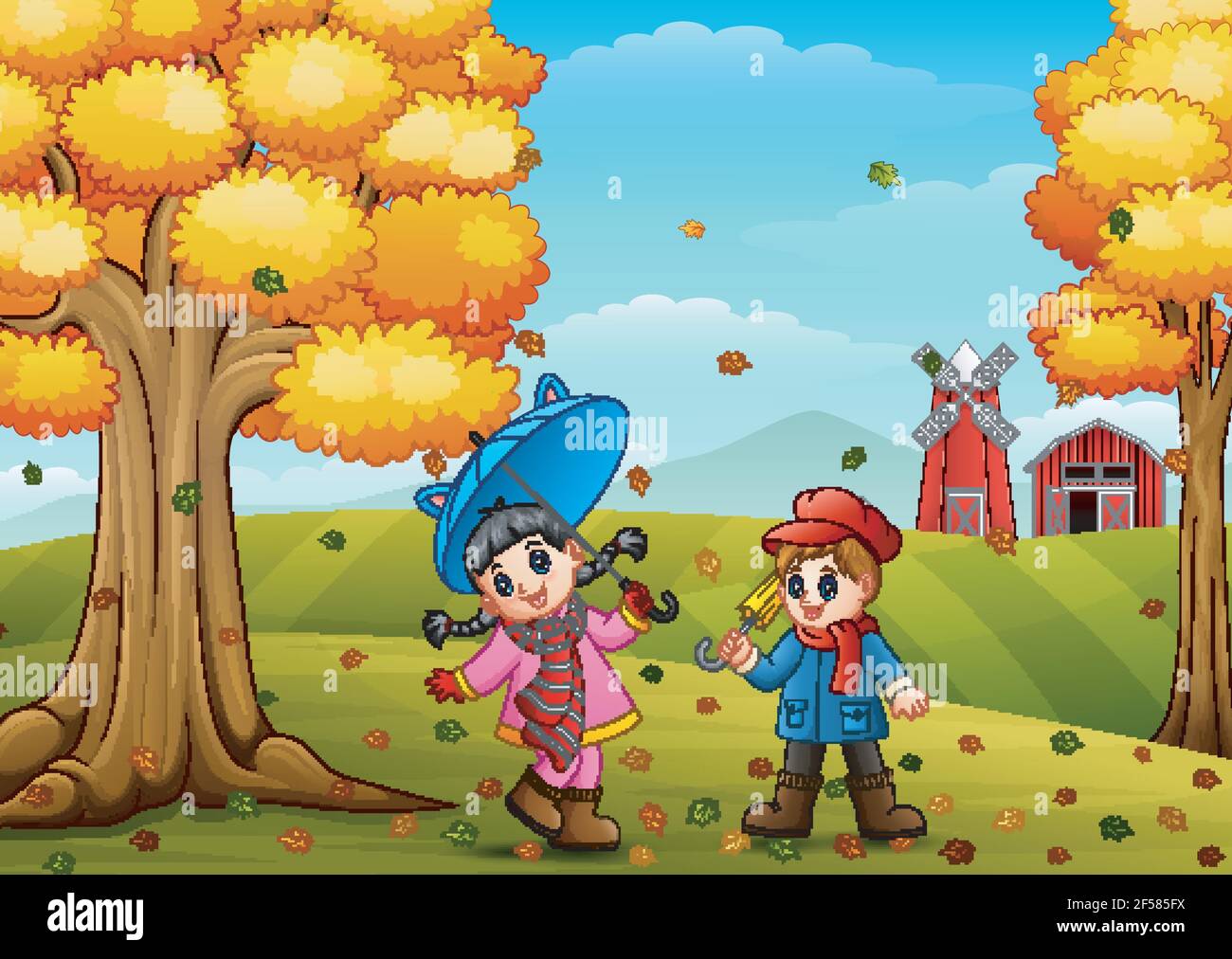 Niños jugando en el paisaje de la granja en otoño Imagen Vector de stock -  Alamy