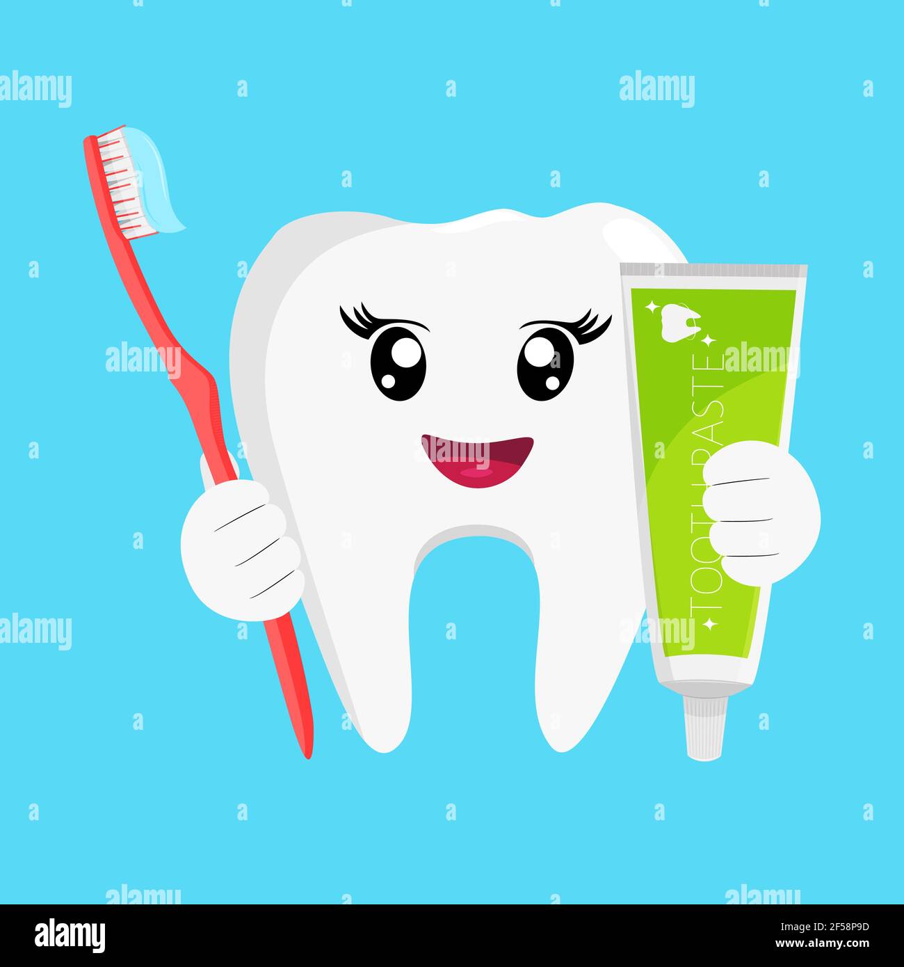 Diente de dibujos animados con pasta de dientes y cepillo de dientes.  Ilustración del vector de atención dental Imagen Vector de stock - Alamy