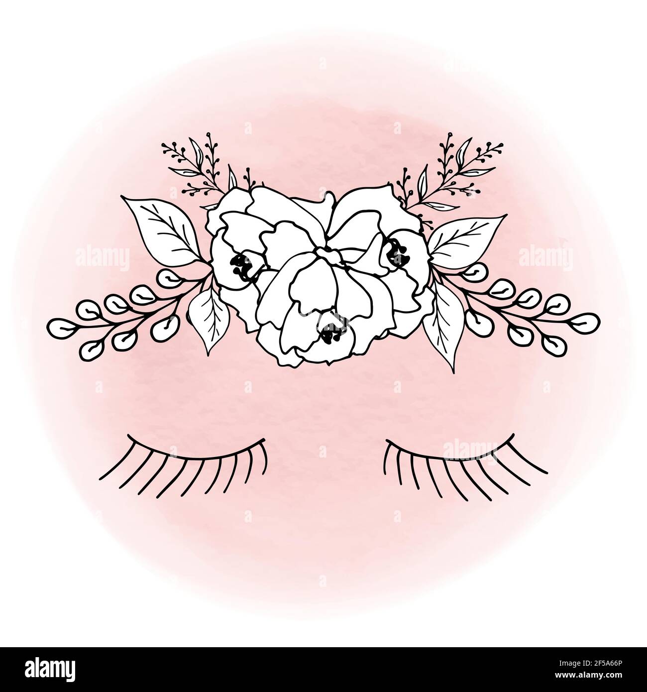 Una guirnalda de flores de peonías, hojas, ramitas de sauce y pestañas de ojos cerrados sobre un fondo de acuarela rosa. Ilustración de vector lineal de resorte para logo, Ilustración del Vector