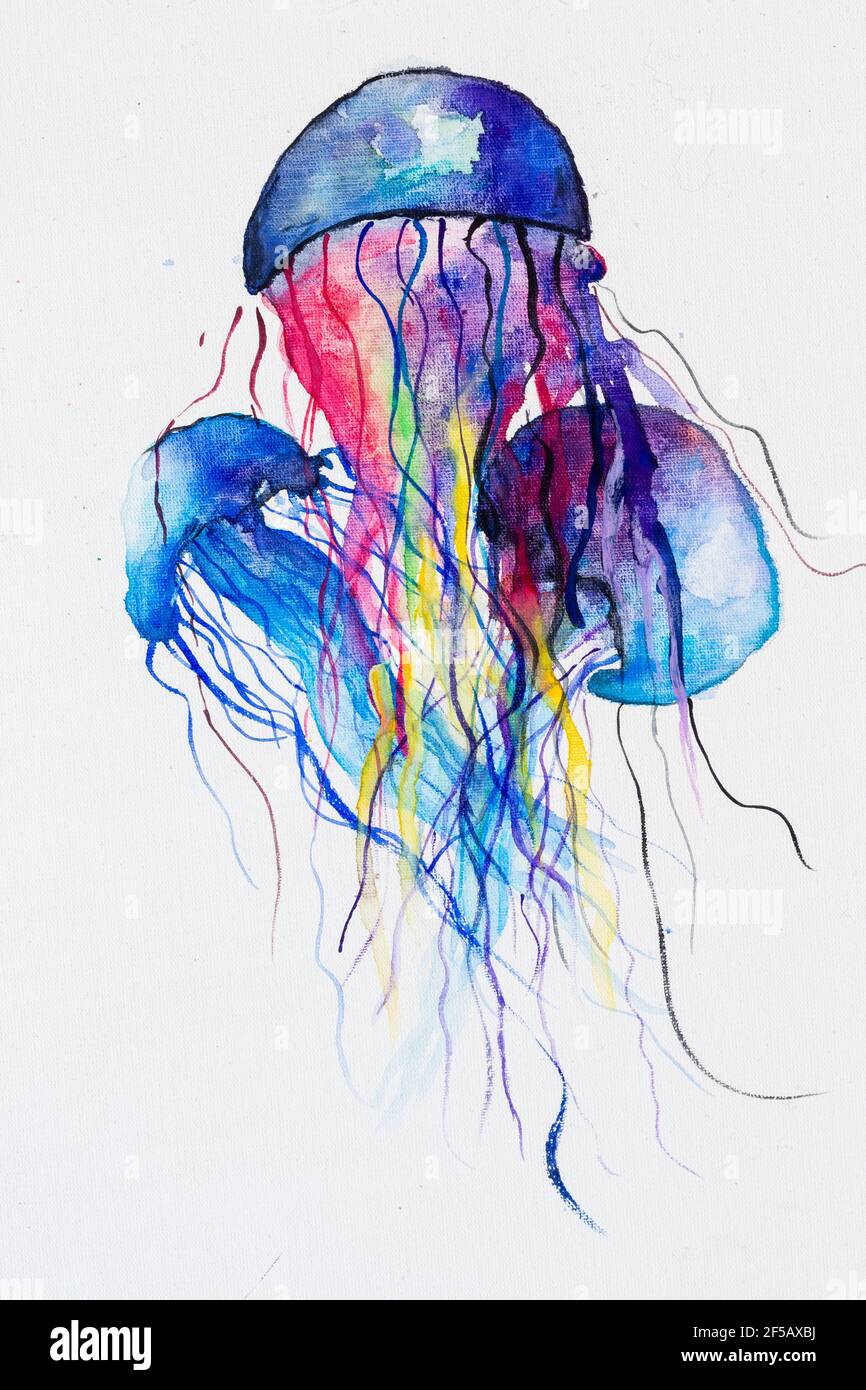 medusas coloridas en acuarelas, púrpura, azul Foto de stock
