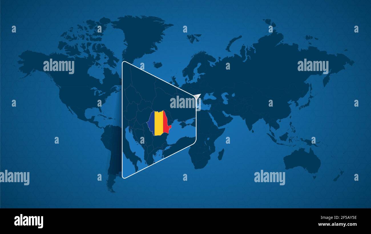 Mapa mundial detallado con mapa ampliado de Rumania y países vecinos.  Bandera y mapa de Rumania Imagen Vector de stock - Alamy