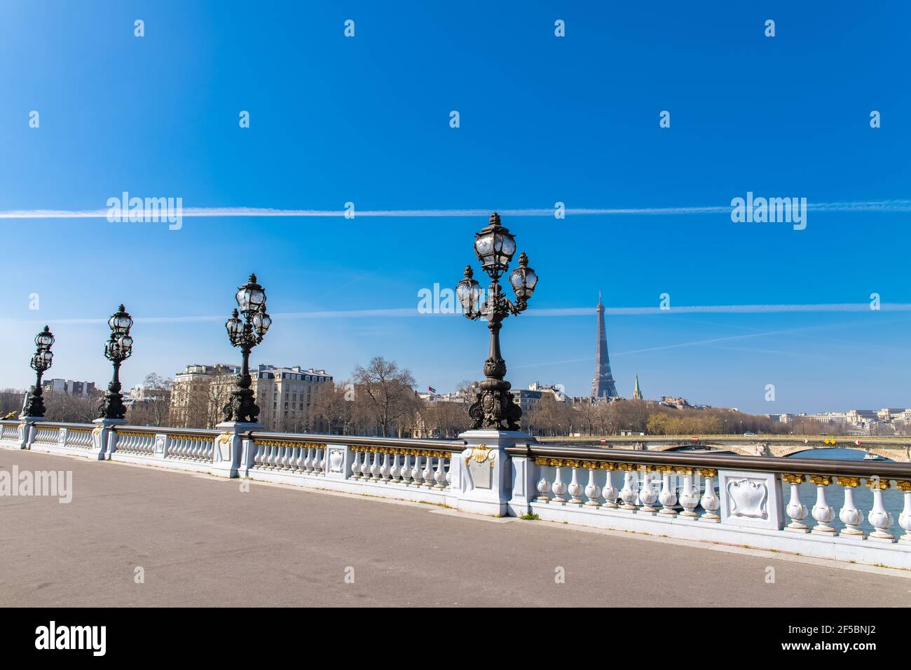 París, el puente Alexandre III sobre el Sena, con la Torre Eiffel en el fondo Foto de stock