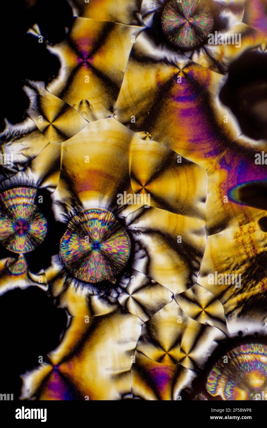 Esta es una foto microscópica de cristales de vitamina C. Usé filtros polarizadores para sacar los colores brillantes y las texturas de cristal. Foto de stock
