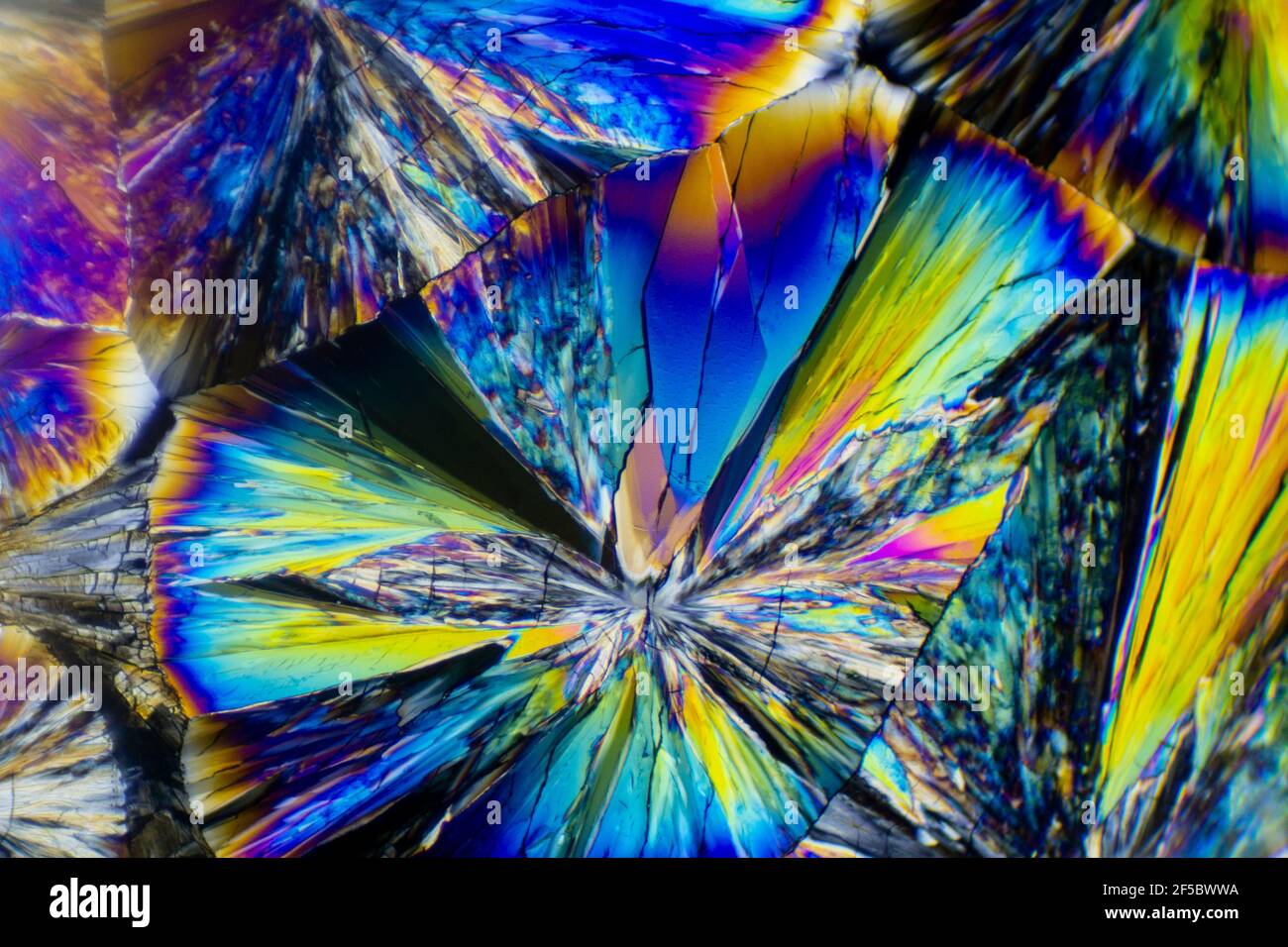 Esta es una foto microscópica de cristales de ácido cítrico. Utilicé un filtro polarizador especial para sacar los colores brillantes y las texturas del cristal. Foto de stock