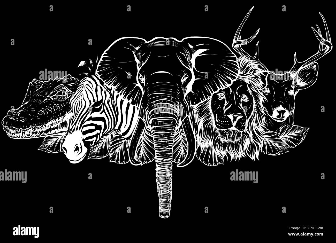 Silueta blanca de Cartoon animales salvajes africanos sobre fondo blanco Ilustración del Vector