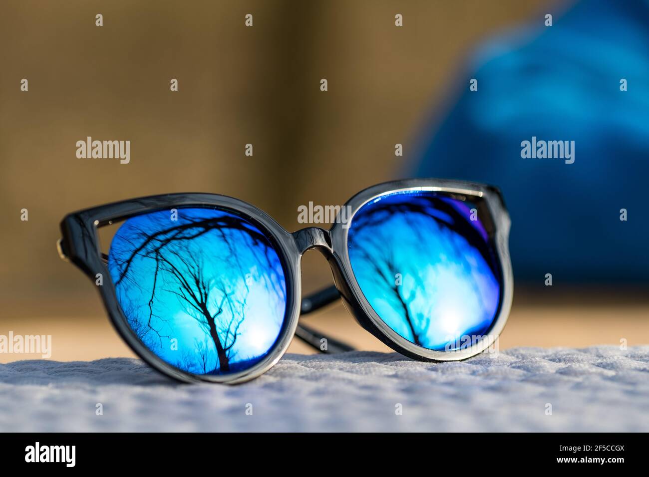 grabadora Comprimido Contratista Modelo de gafas de sol de ojo de gato de moda para damas con lentes azules  grandes y marco negro disparar fuera en un día soleado closeup. Enfoque  selectivo Fotografía de stock -